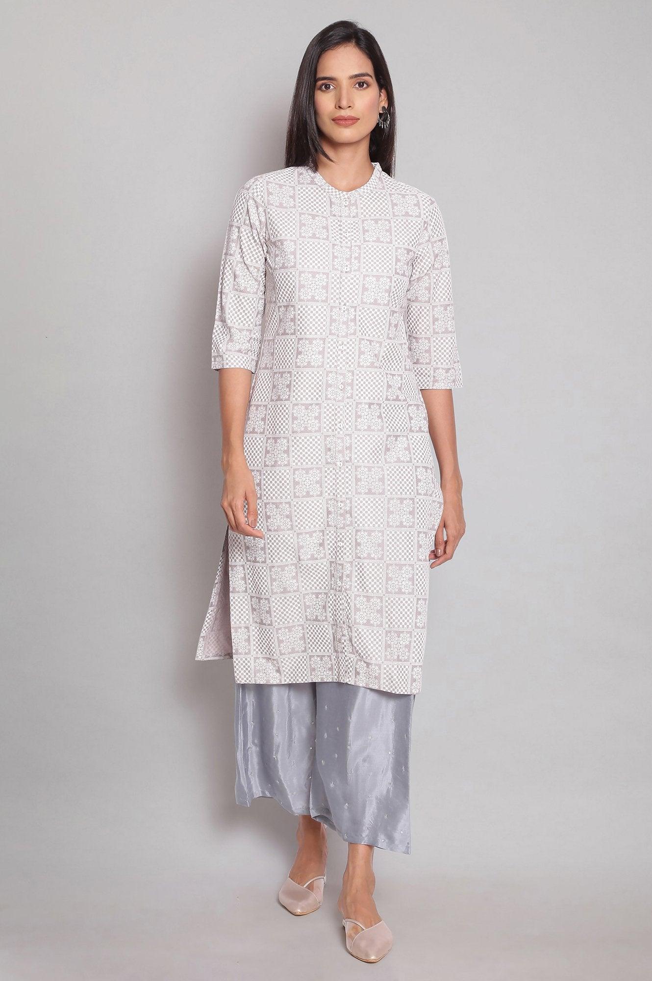 Light Grey Mandarin Collar Printed Shirt kurta - wforwoman