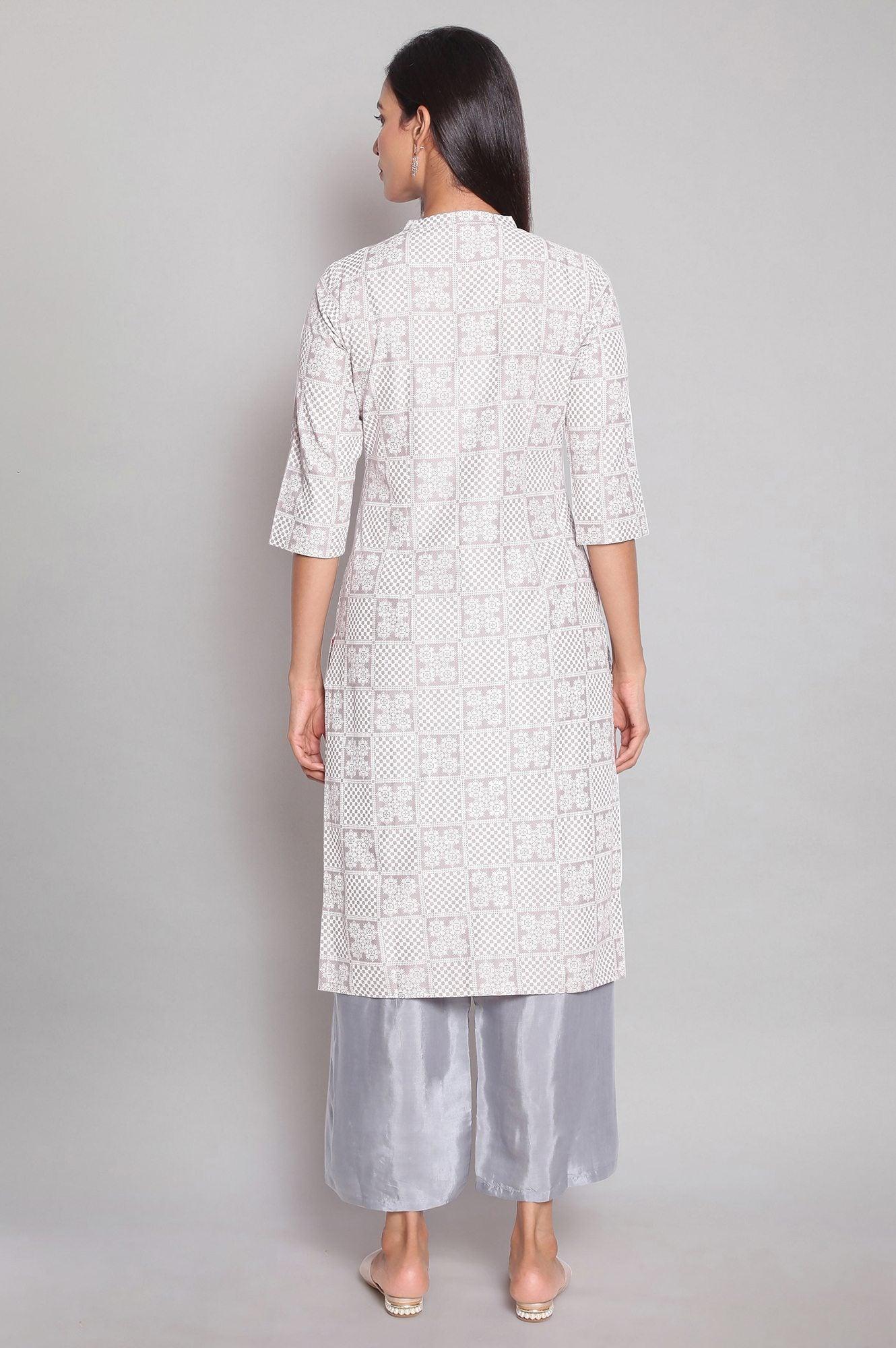 Light Grey Mandarin Collar Printed Shirt kurta - wforwoman