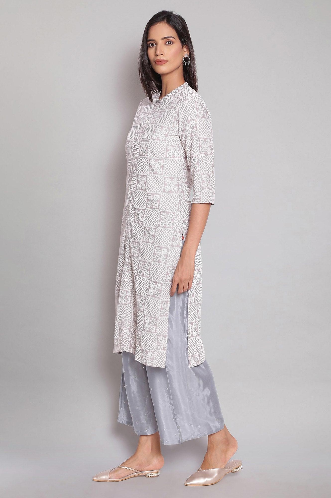 Light Grey Mandarin Collar Printed Shirt kurta - wforwoman