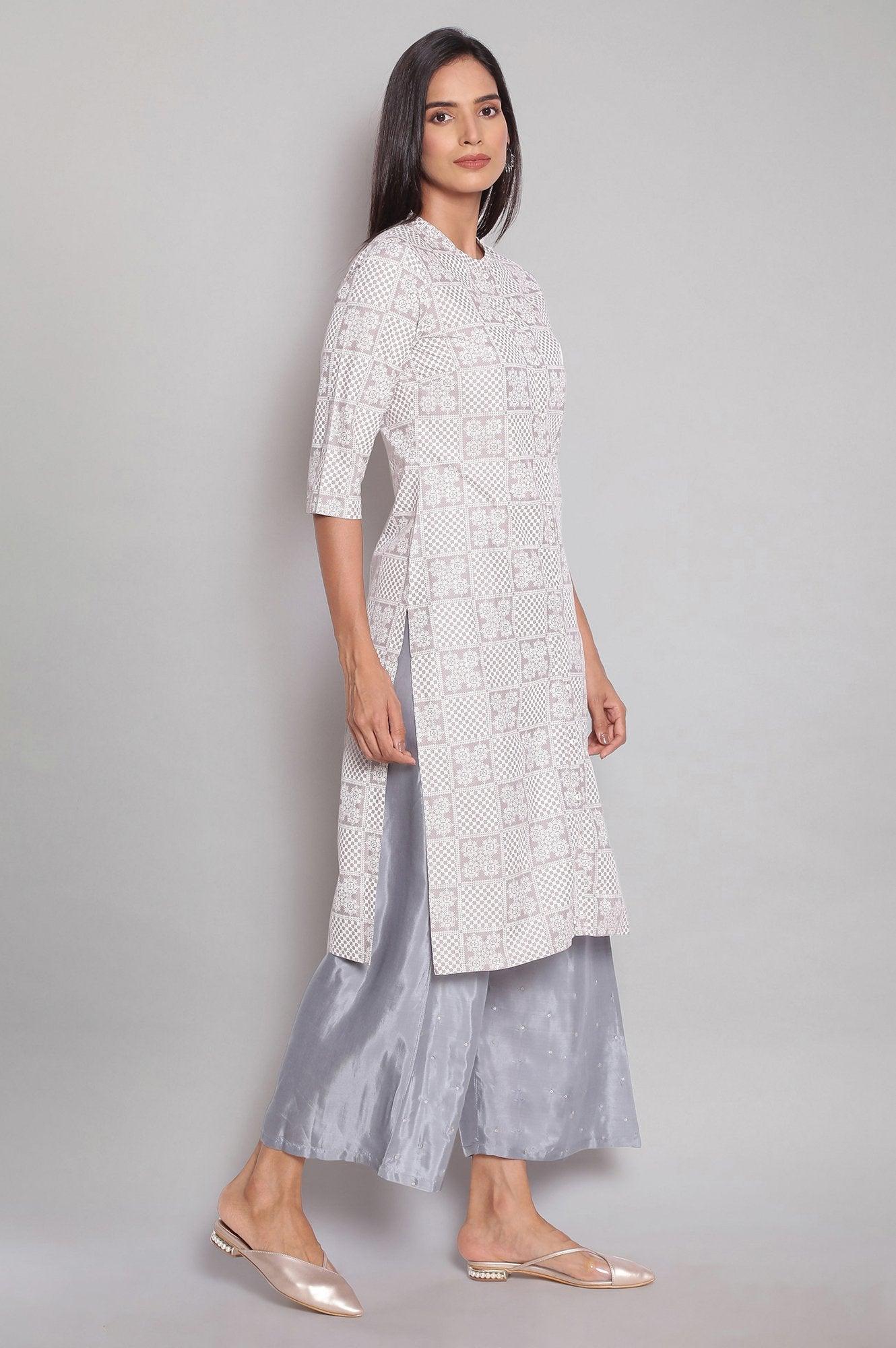 Light Grey Mandarin Collar Printed Shirt kurta - wforwoman