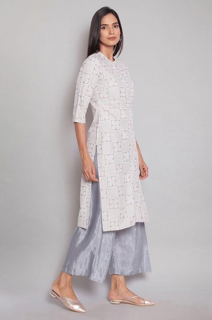 Light Grey Mandarin Collar Printed Shirt kurta - wforwoman