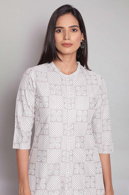 Light Grey Mandarin Collar Printed Shirt kurta - wforwoman