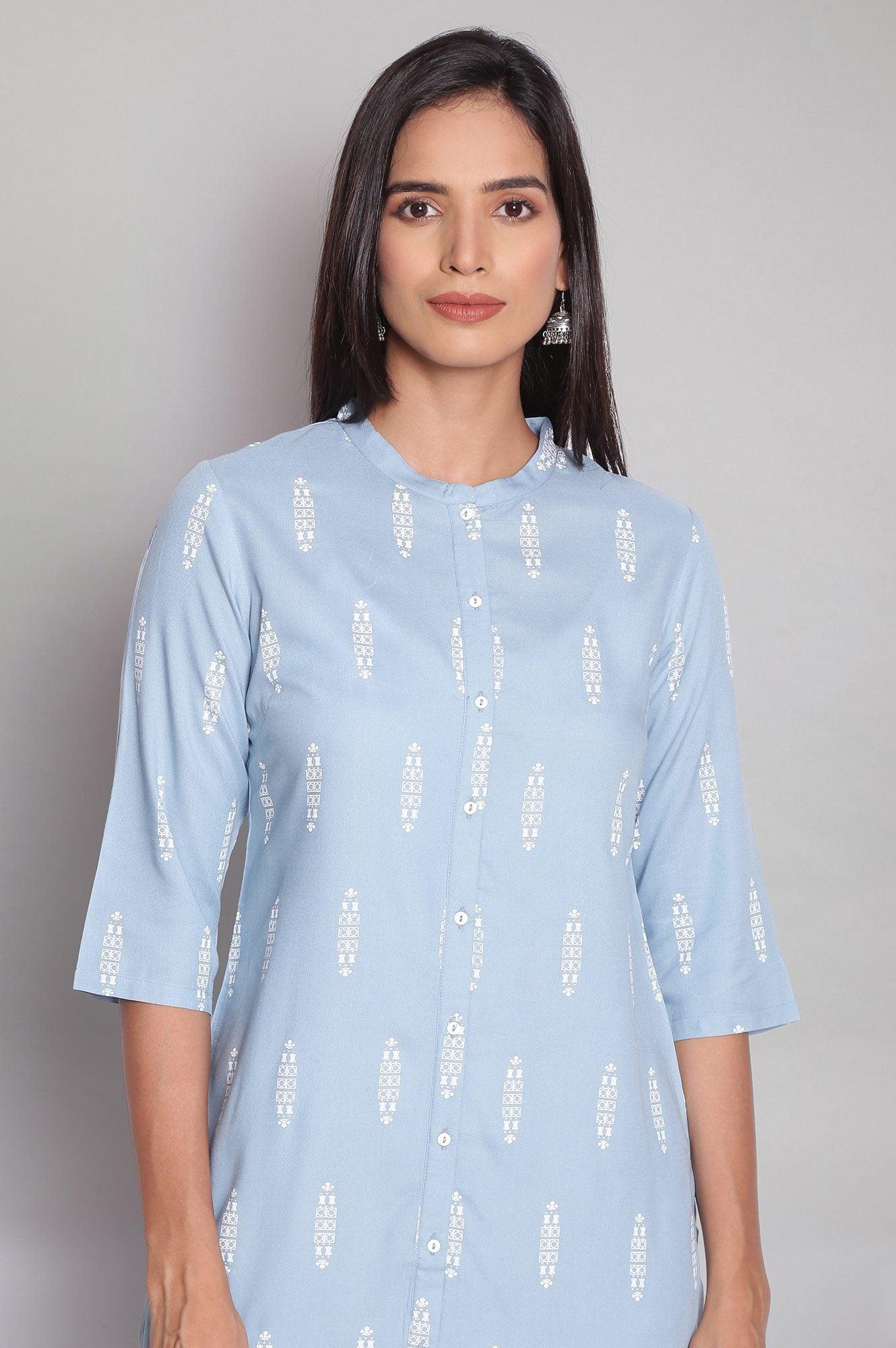 Sky Blue Printed Shirt kurta - wforwoman