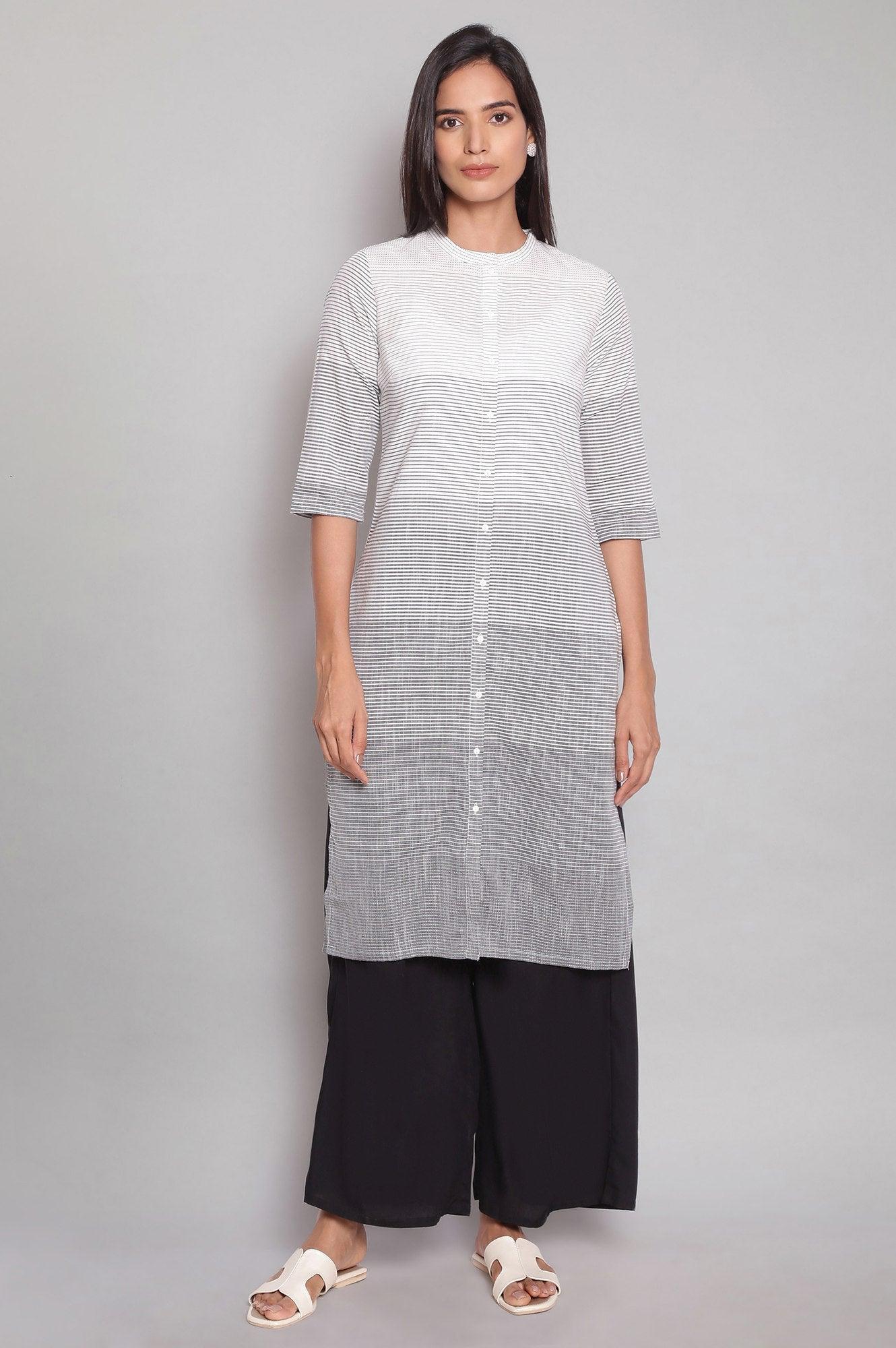 Ecru Grey Stripe Print kurta - wforwoman