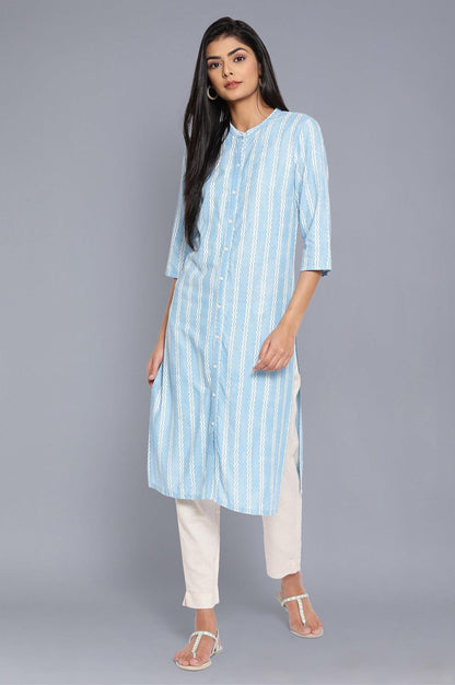 Blue Mandarin Collar Striped kurta - wforwoman