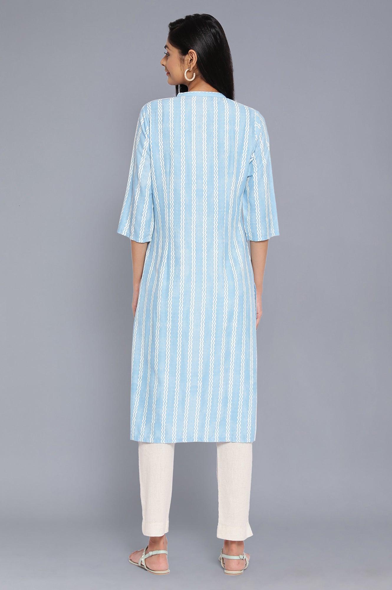 Blue Mandarin Collar Striped kurta - wforwoman