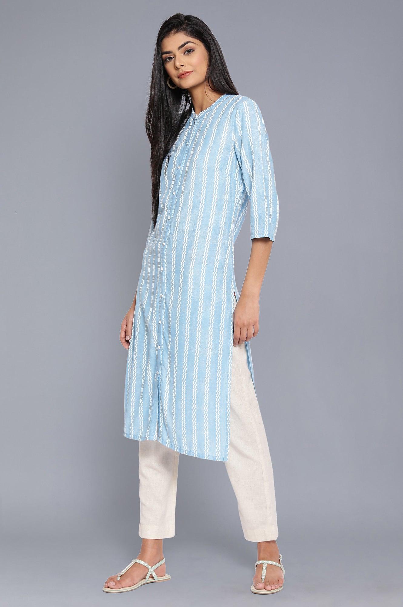 Blue Mandarin Collar Striped kurta - wforwoman