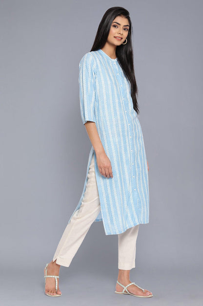 Blue Mandarin Collar Striped kurta - wforwoman