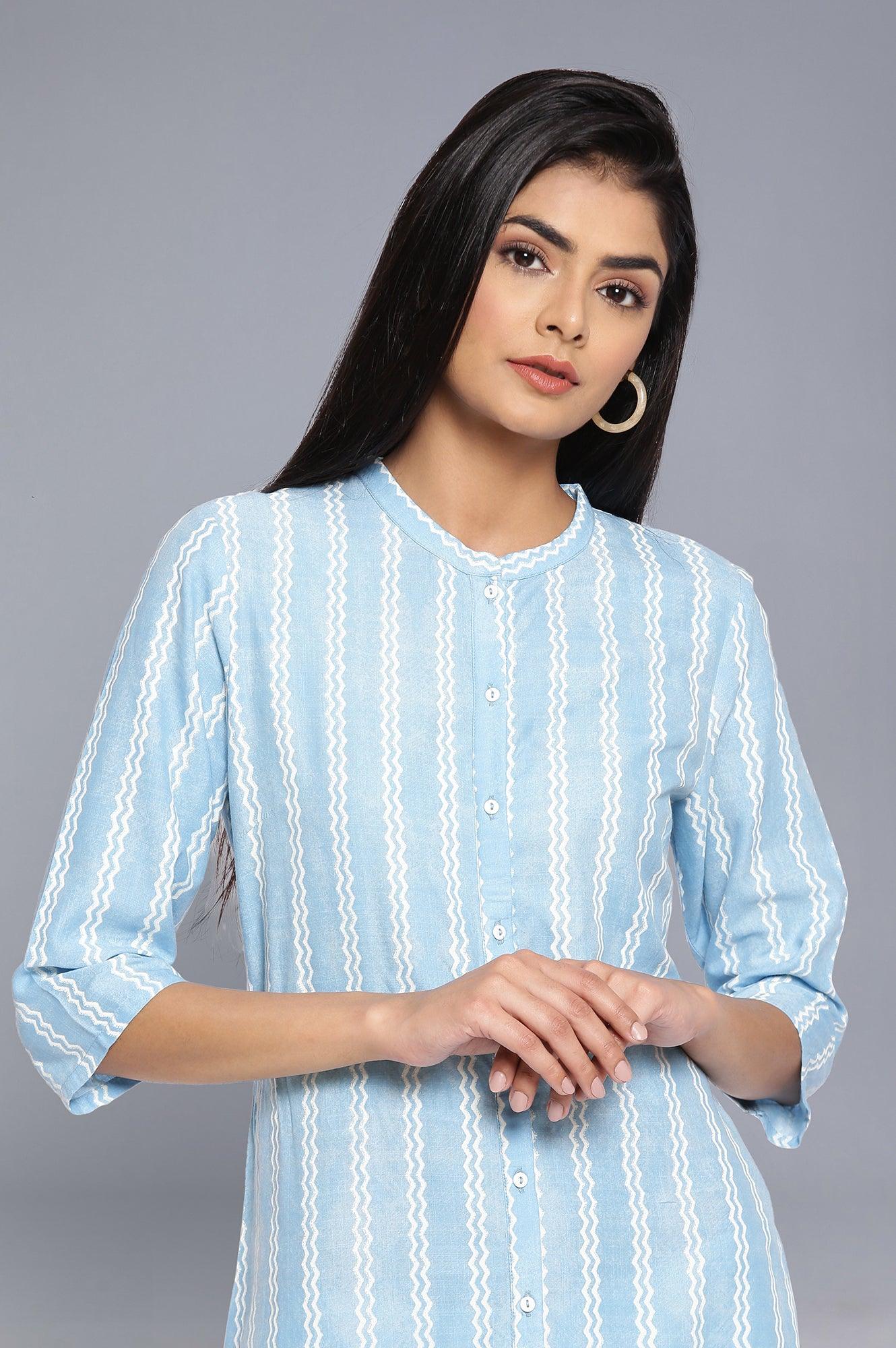 Blue Mandarin Collar Striped kurta - wforwoman