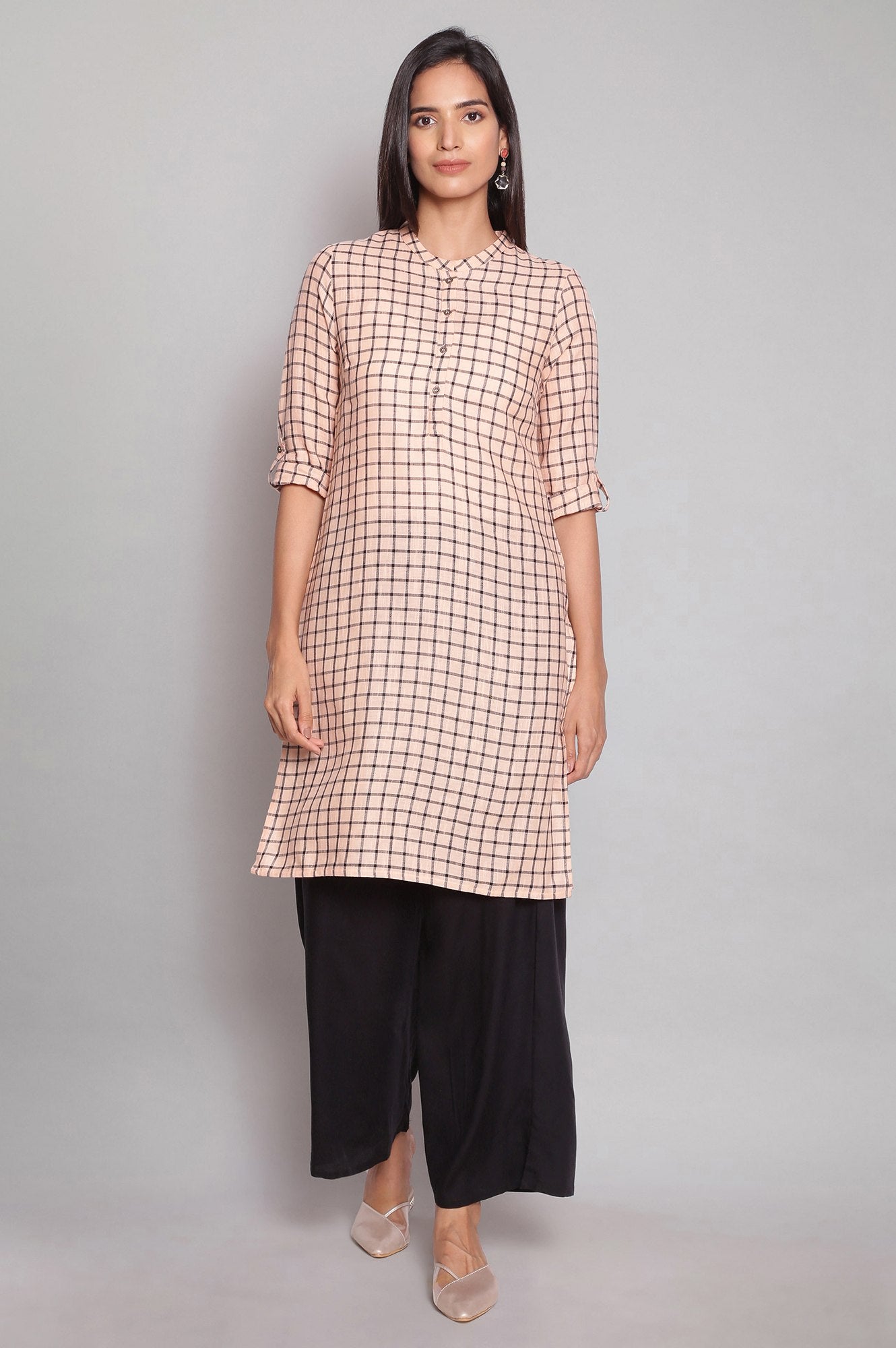 Orange Checks Half Placket kurta