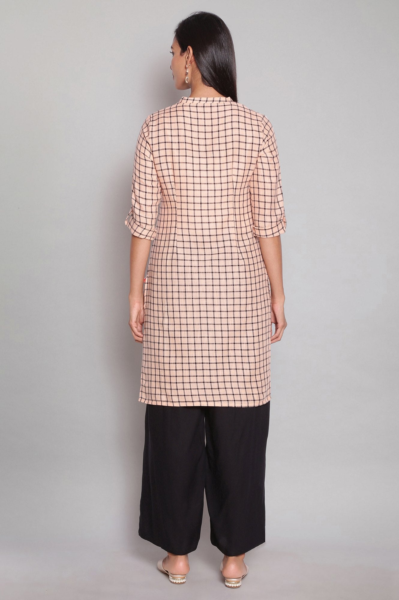 Orange Checks Half Placket kurta