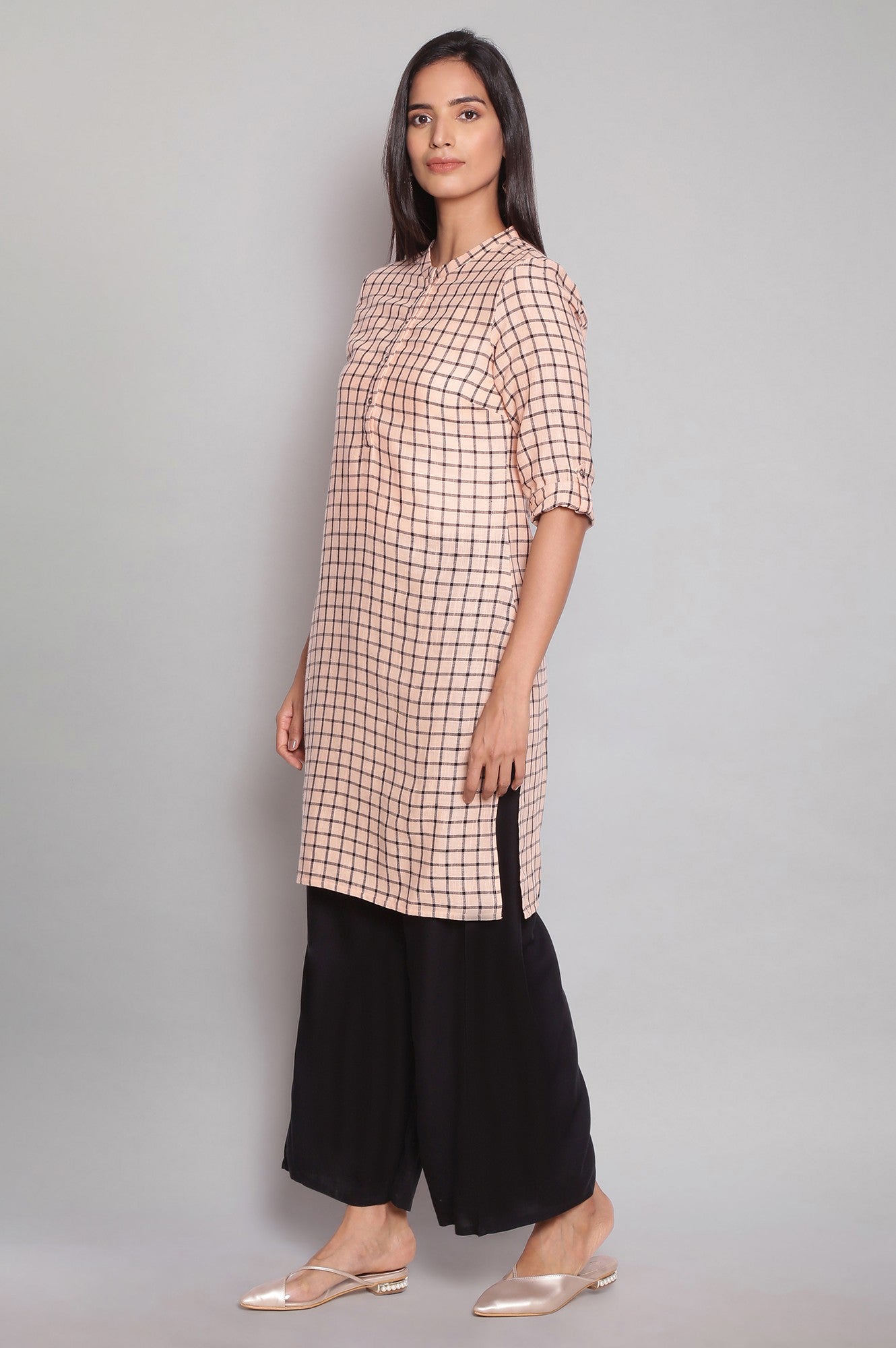 Orange Checks Half Placket kurta