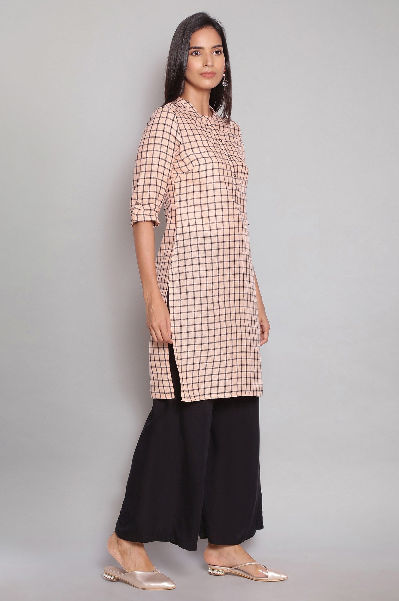 Orange Checks Half Placket kurta