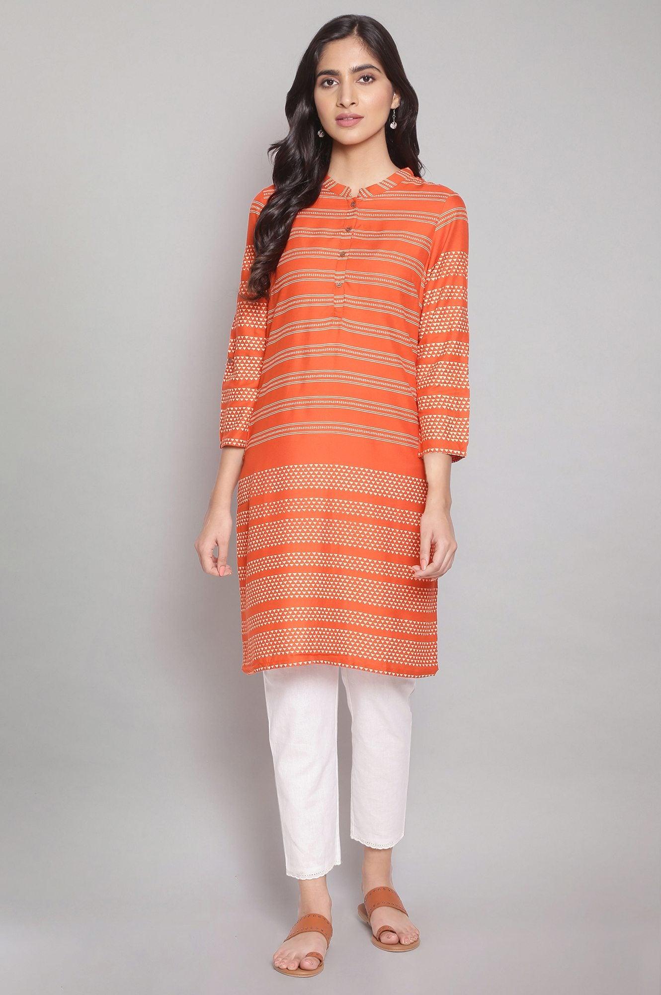 Orange Mandarin Collar Striped Dress - wforwoman