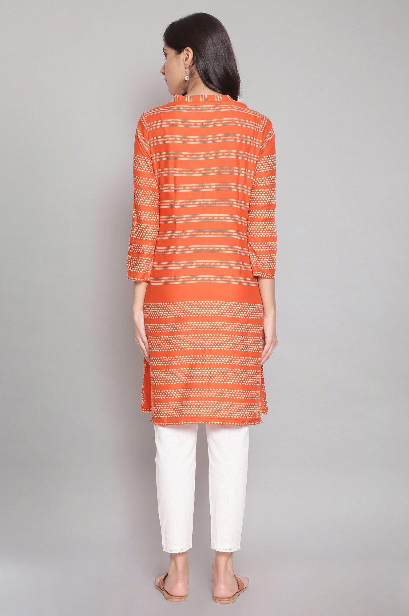 Orange Mandarin Collar Striped Dress - wforwoman