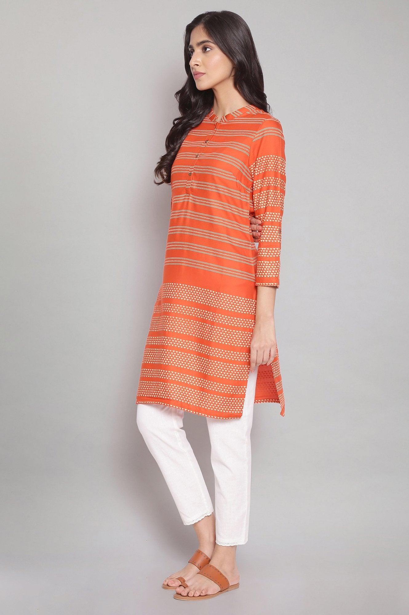 Orange Mandarin Collar Striped Dress - wforwoman