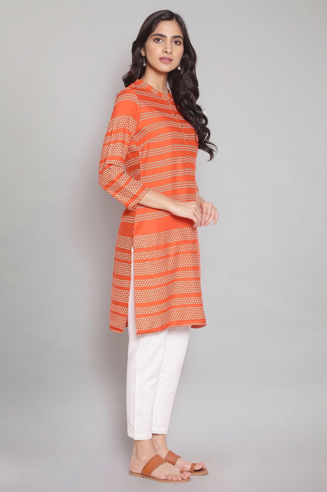 Orange Mandarin Collar Striped Dress - wforwoman