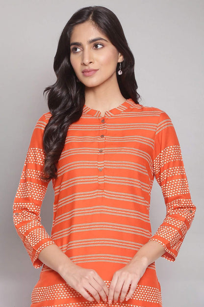 Orange Mandarin Collar Striped Dress - wforwoman