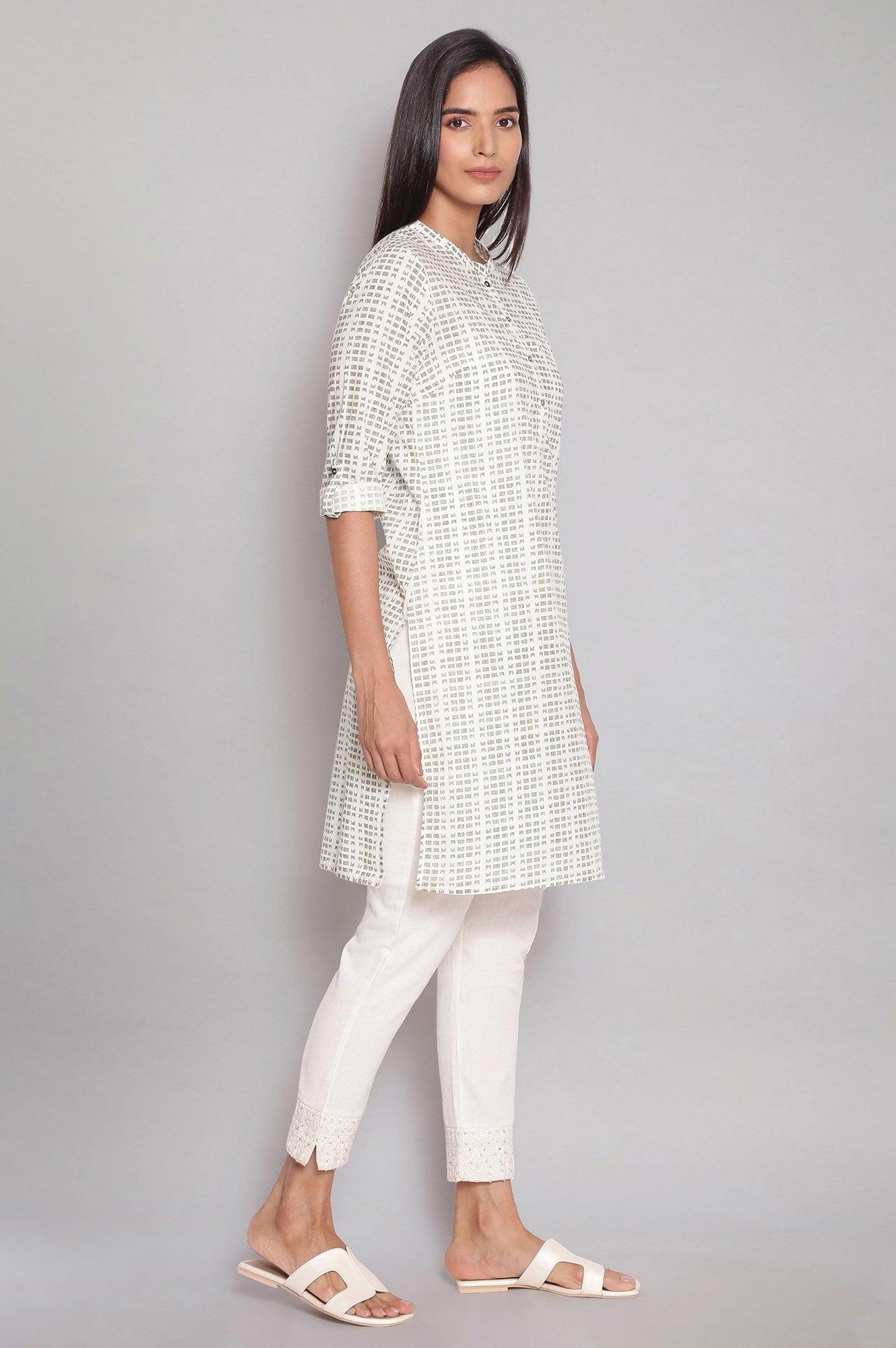 Ecru Mandarin Collar Straight kurta - wforwoman