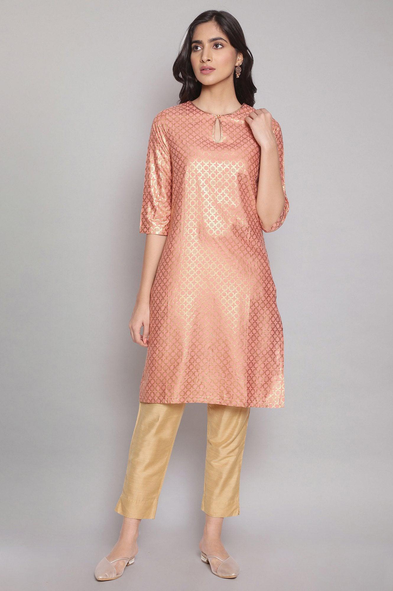 Rose Pink kurta with Gold Glitter Print - wforwoman