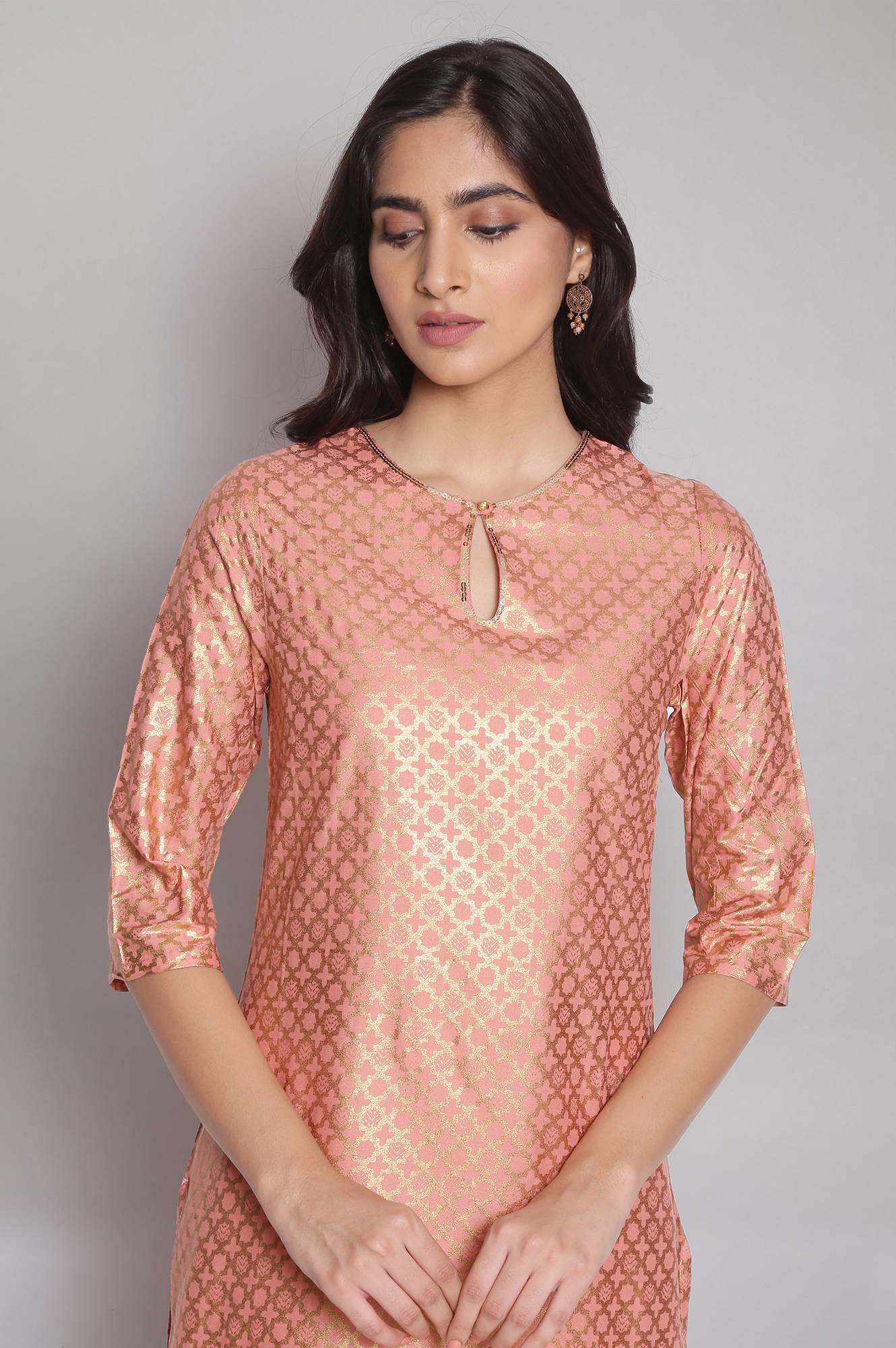 Rose Pink kurta with Gold Glitter Print - wforwoman