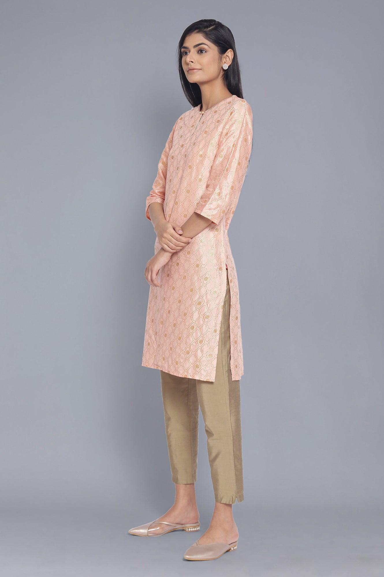 Peach kurta with Gold Glitter Print - wforwoman