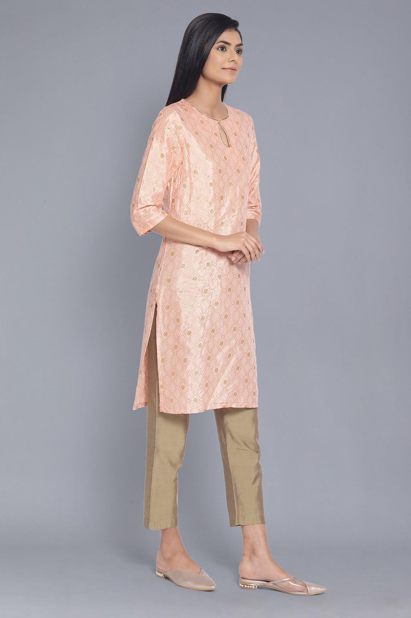 Peach kurta with Gold Glitter Print - wforwoman