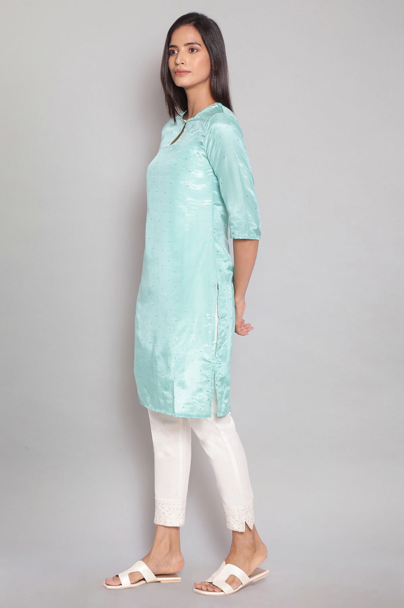 Light Teal Polka Dots Printed Straight kurta