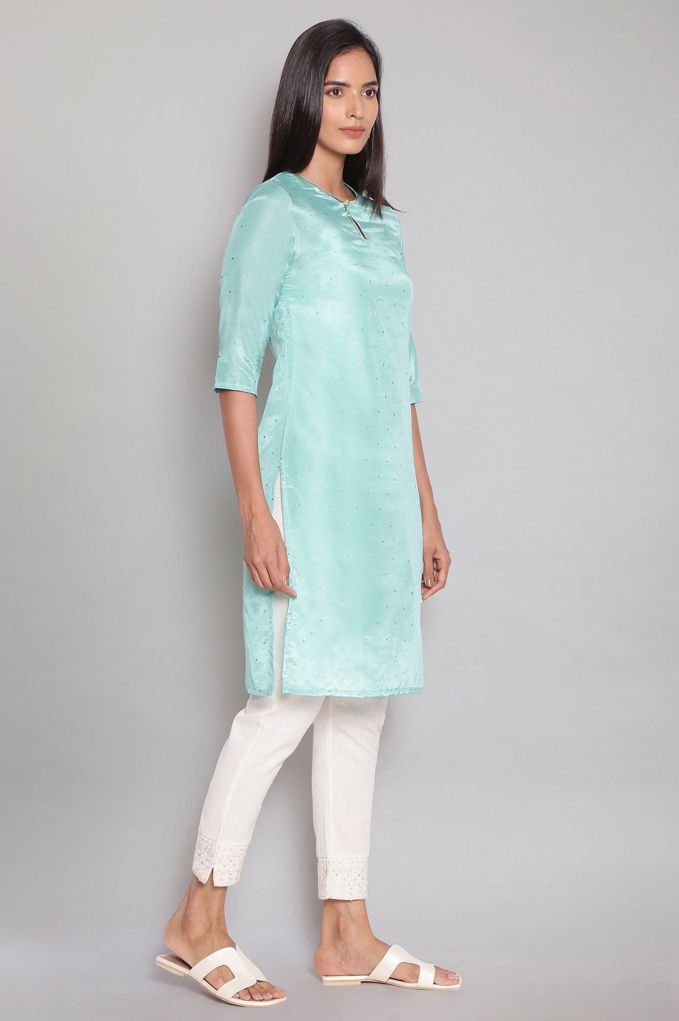 Light Teal Polka Dots Printed Straight kurta