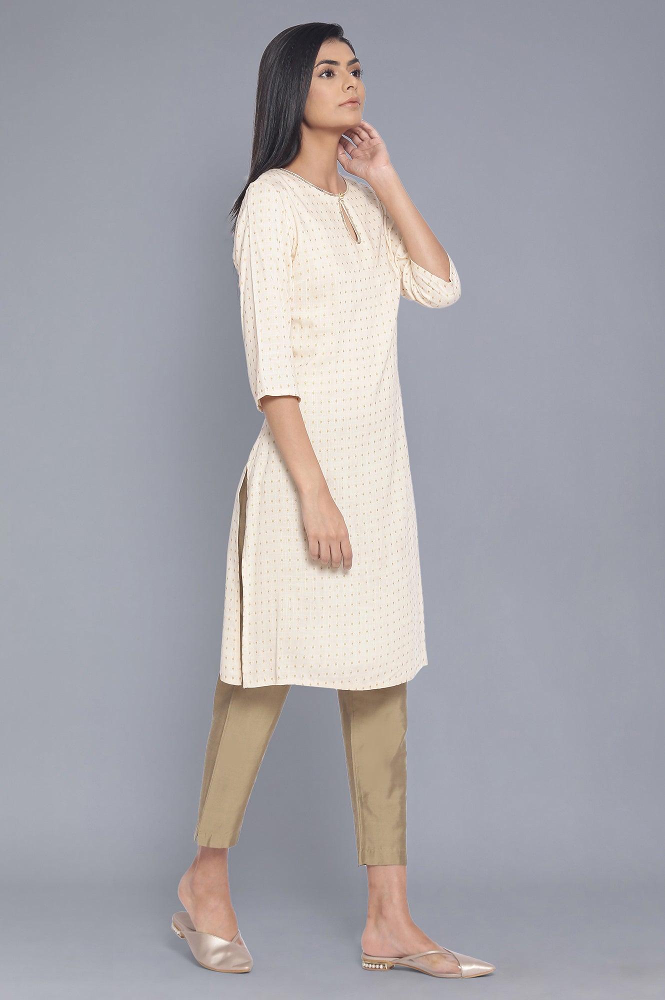 Ecru Gold Khadi Print Festive kurta - wforwoman