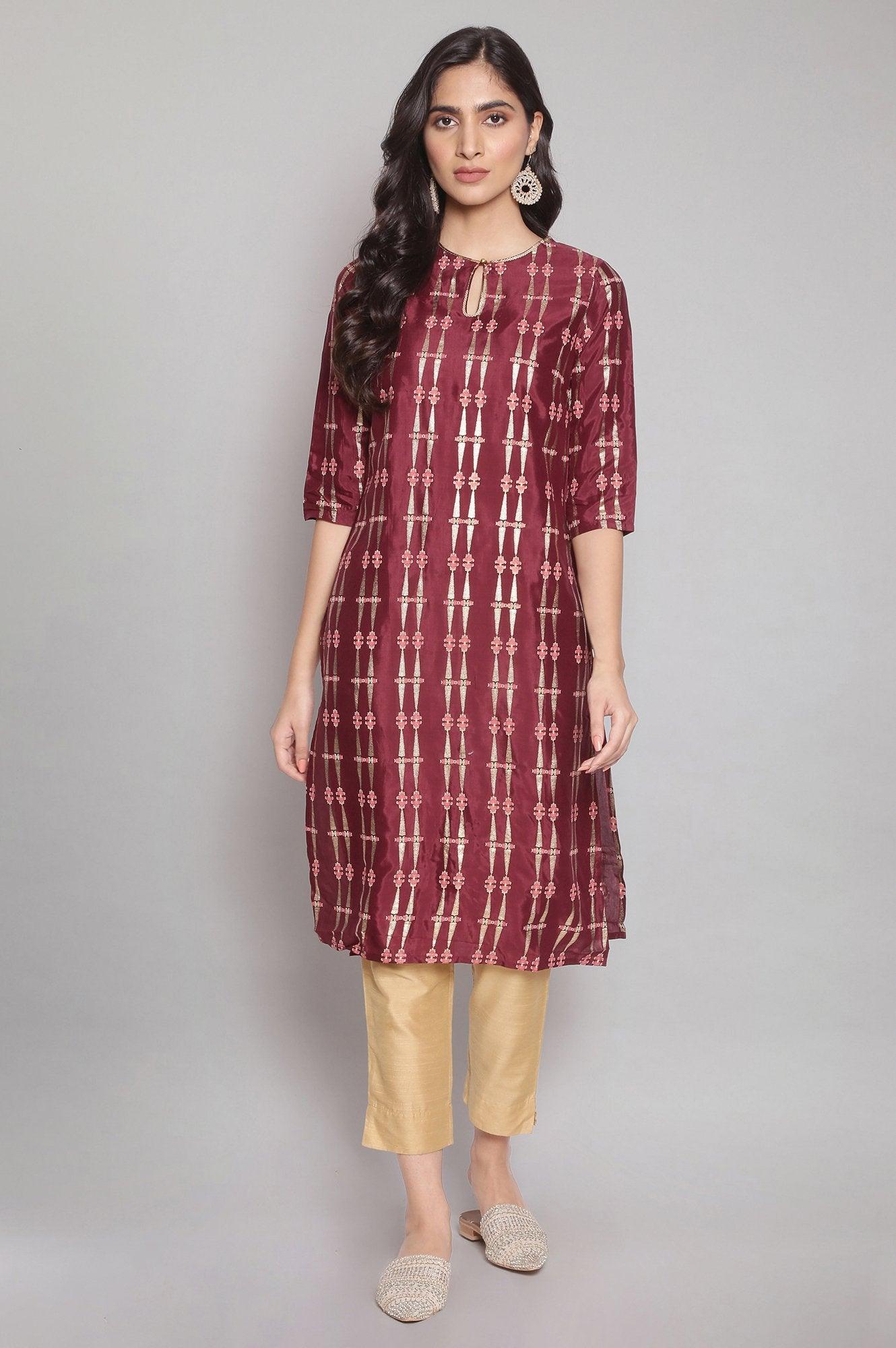 Wine Printed Festive kurta - wforwoman