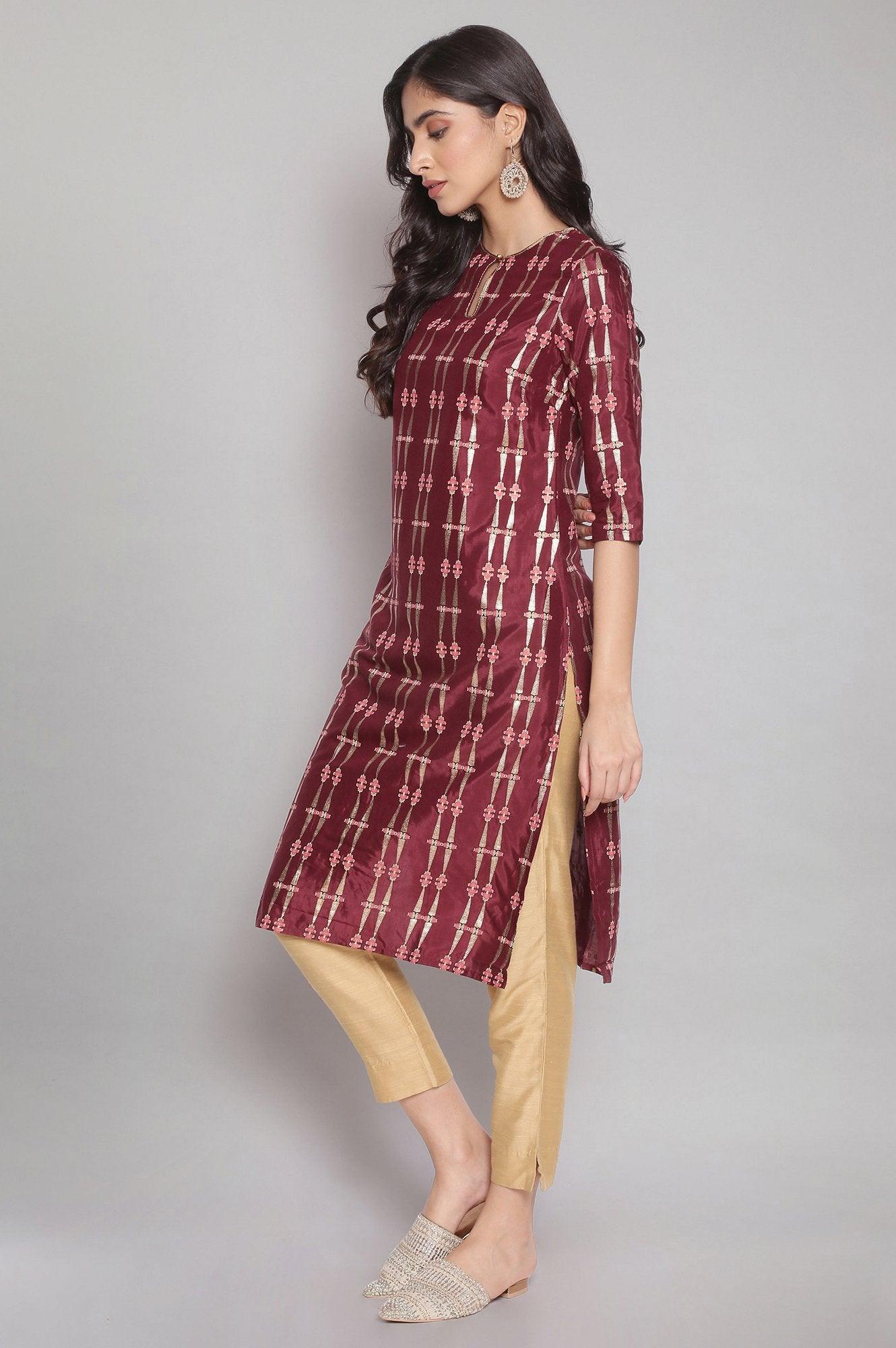 Wine Printed Festive kurta - wforwoman