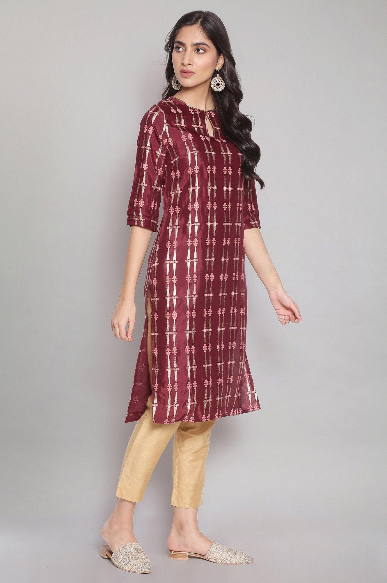 Wine Printed Festive kurta - wforwoman