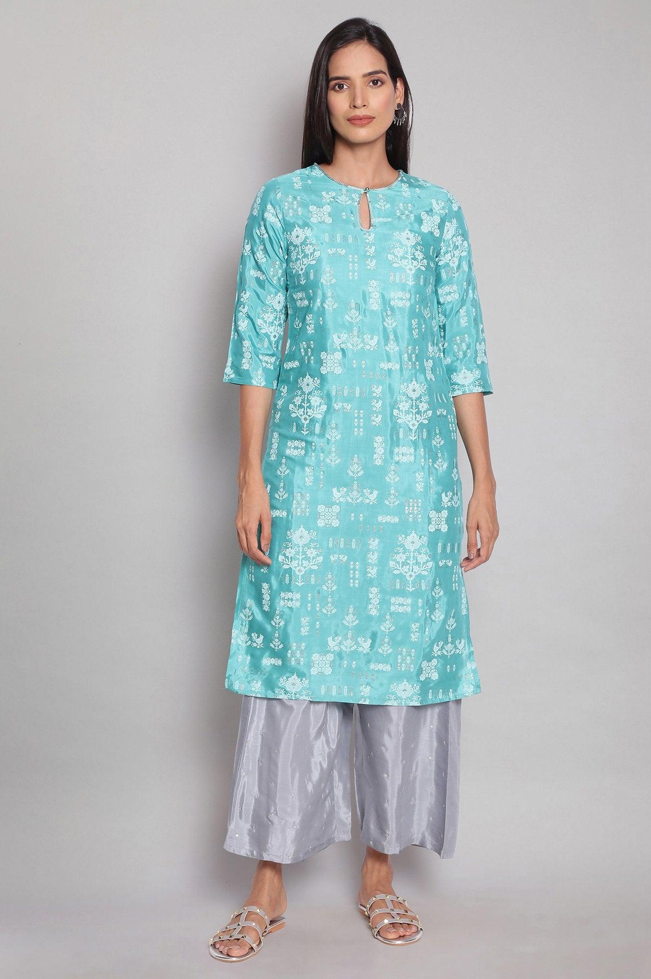 Teal Printed Festive kurta - wforwoman