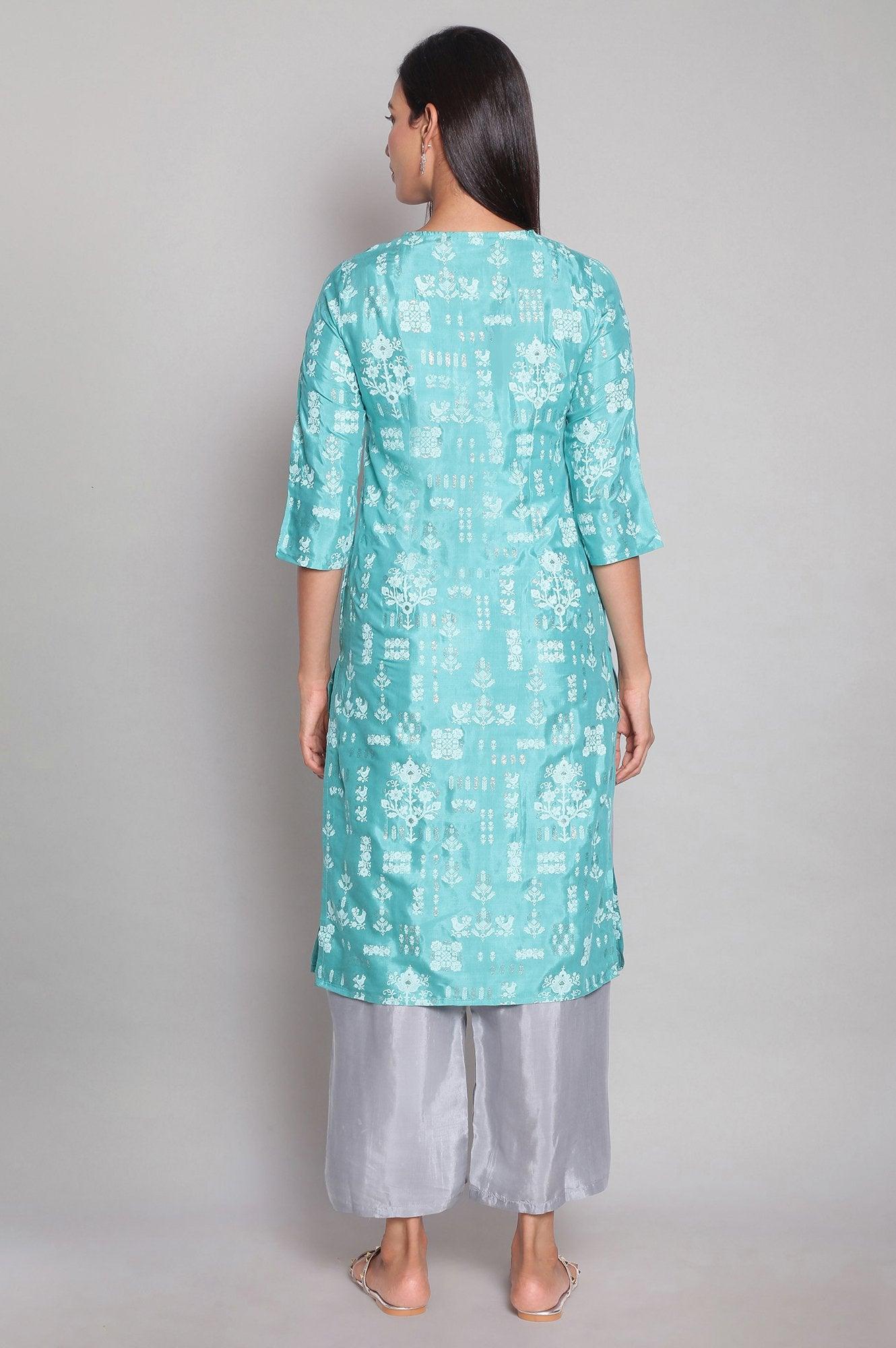 Teal Printed Festive kurta - wforwoman