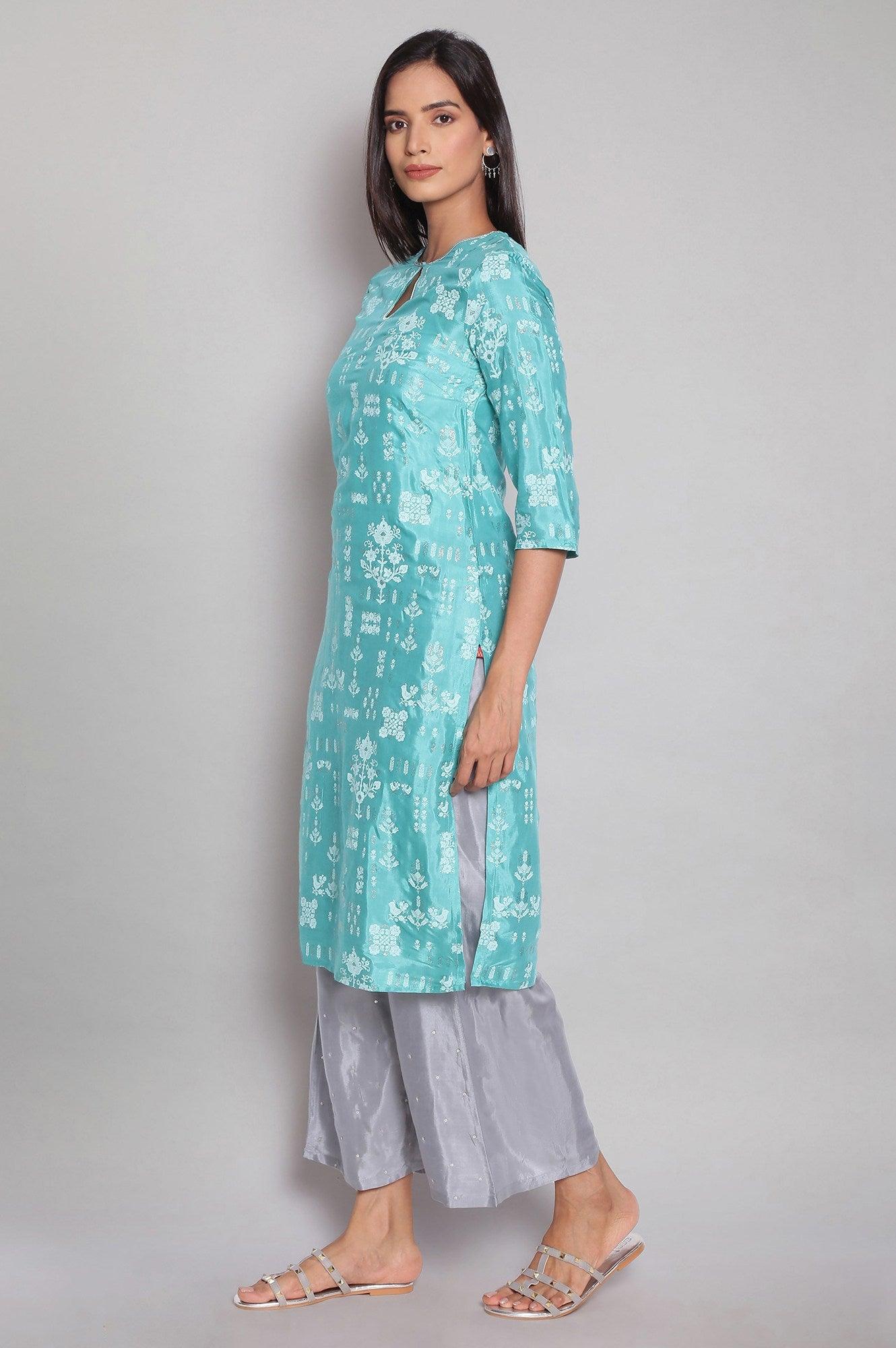 Teal Printed Festive kurta - wforwoman