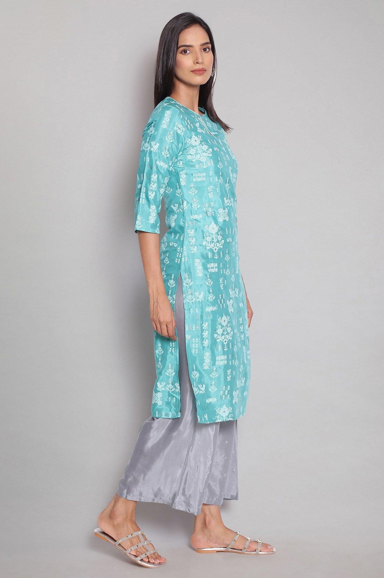 Teal Printed Festive kurta - wforwoman