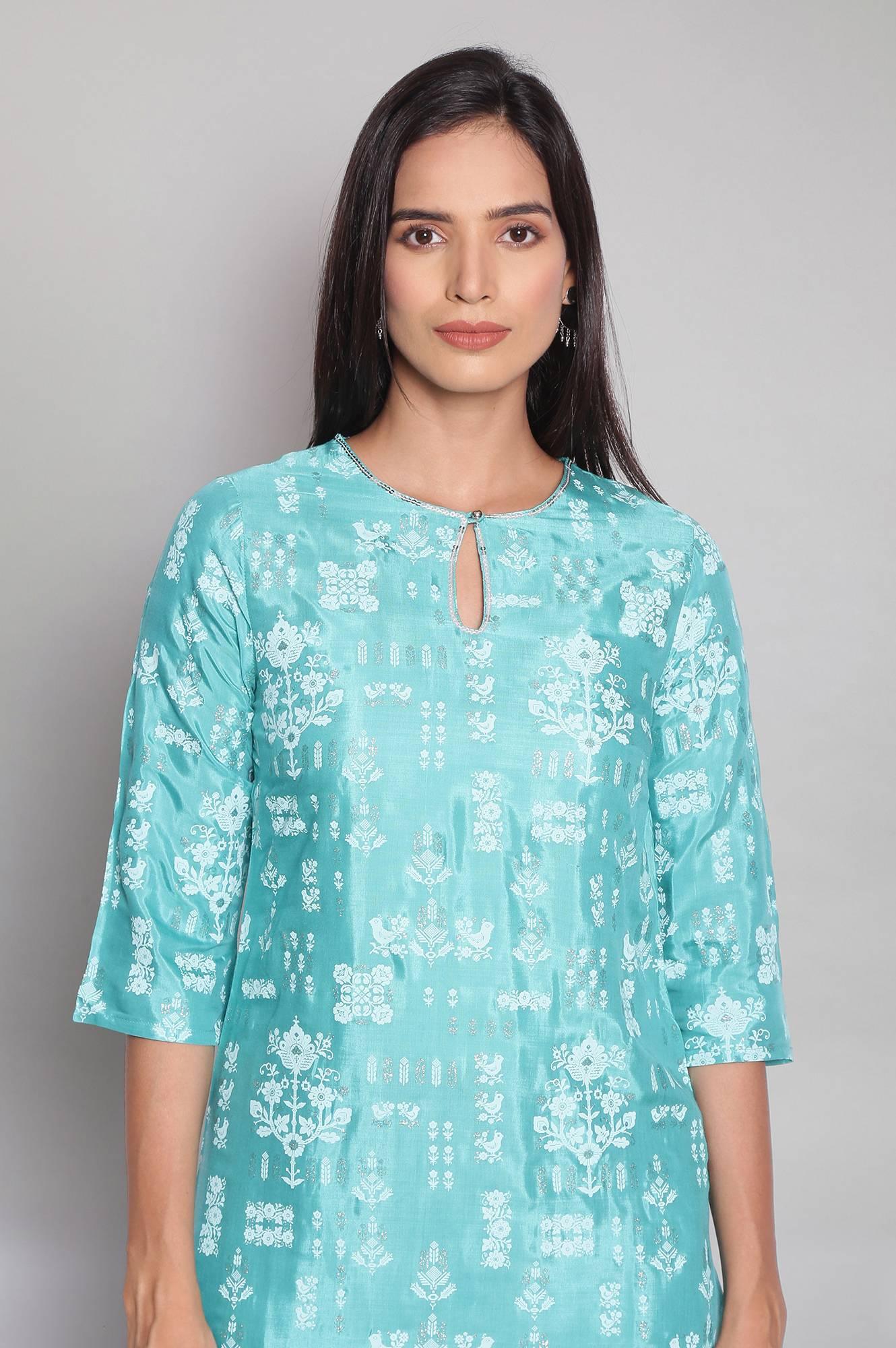 Teal Printed Festive kurta - wforwoman