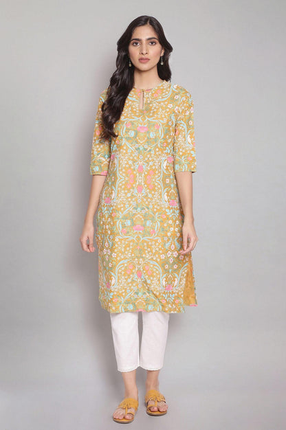 Mustard Yellow Floral Print Straight kurta - wforwoman