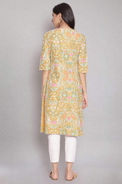 Mustard Yellow Floral Print Straight kurta - wforwoman