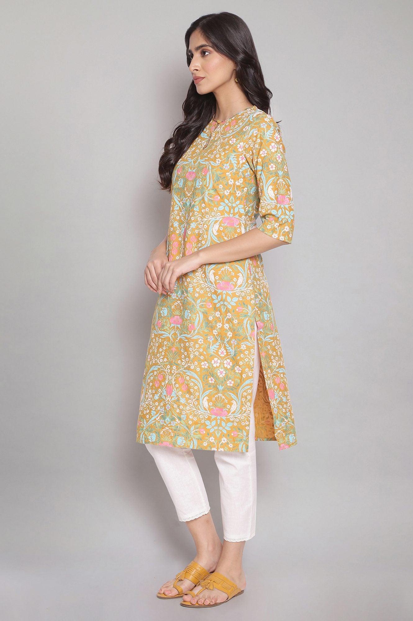 Mustard Yellow Floral Print Straight kurta - wforwoman