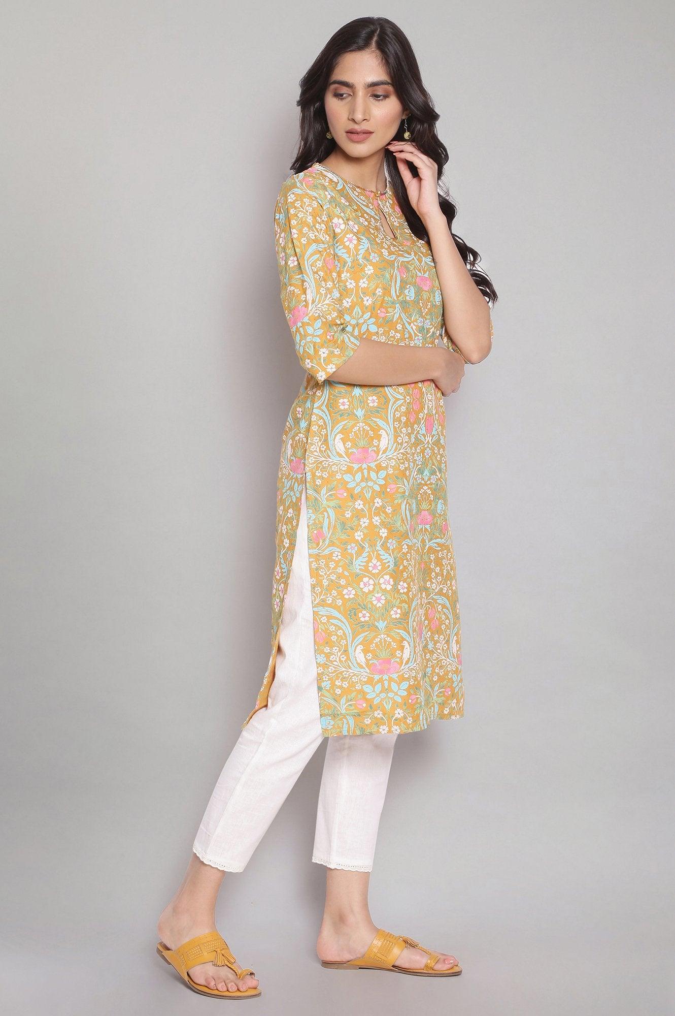 Mustard Yellow Floral Print Straight kurta - wforwoman