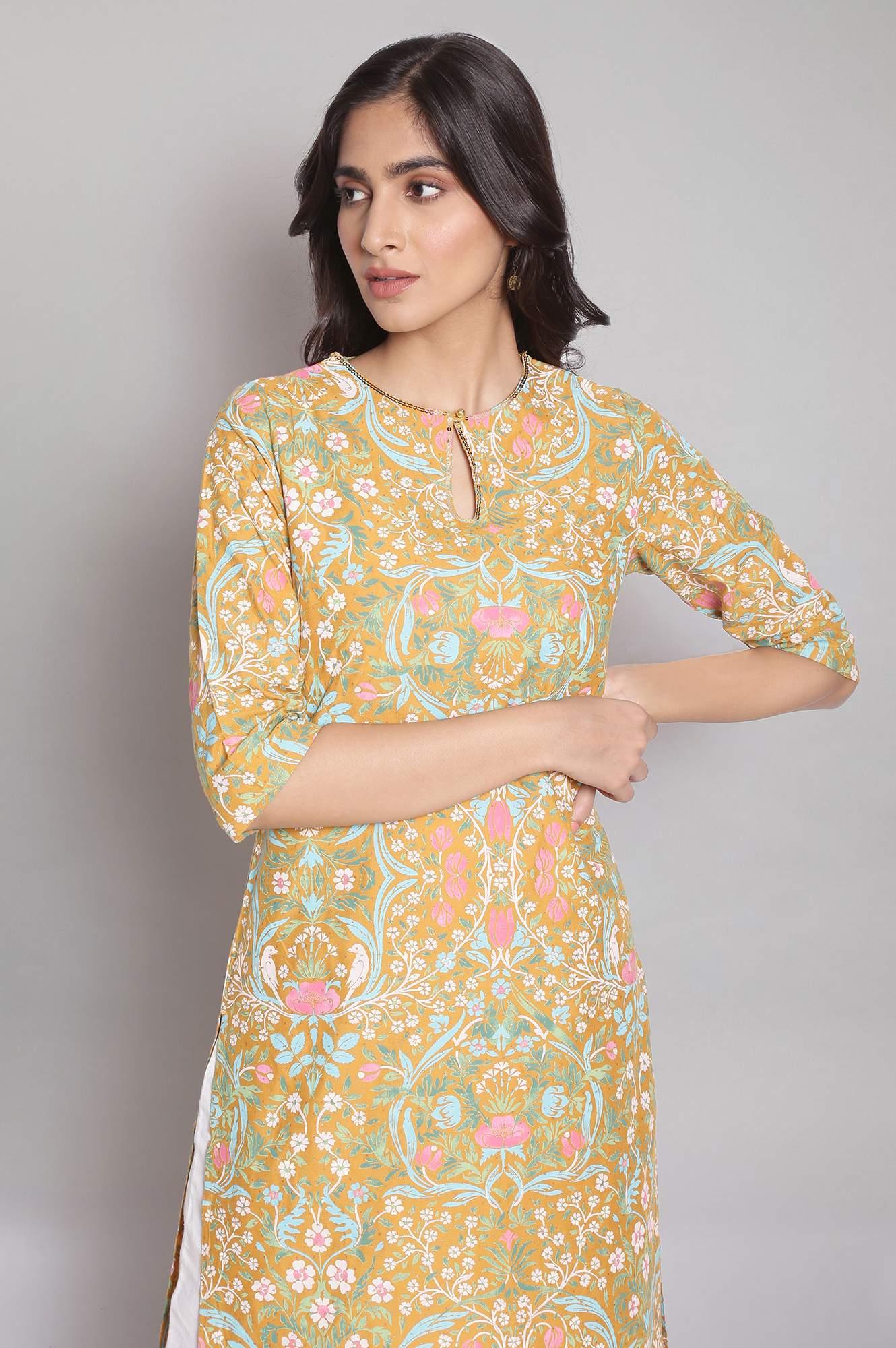 Mustard Yellow Floral Print Straight kurta - wforwoman