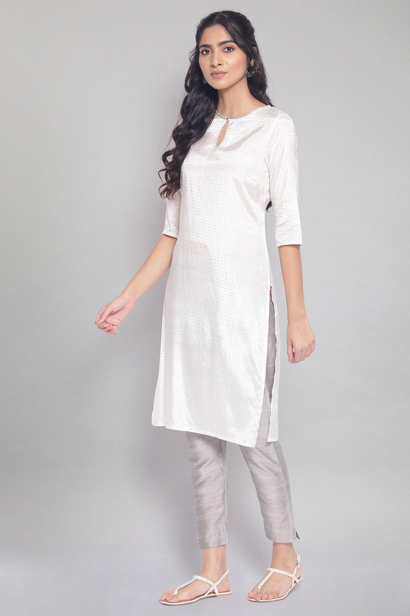 Ecru kurta with Silver Polka Print - wforwoman