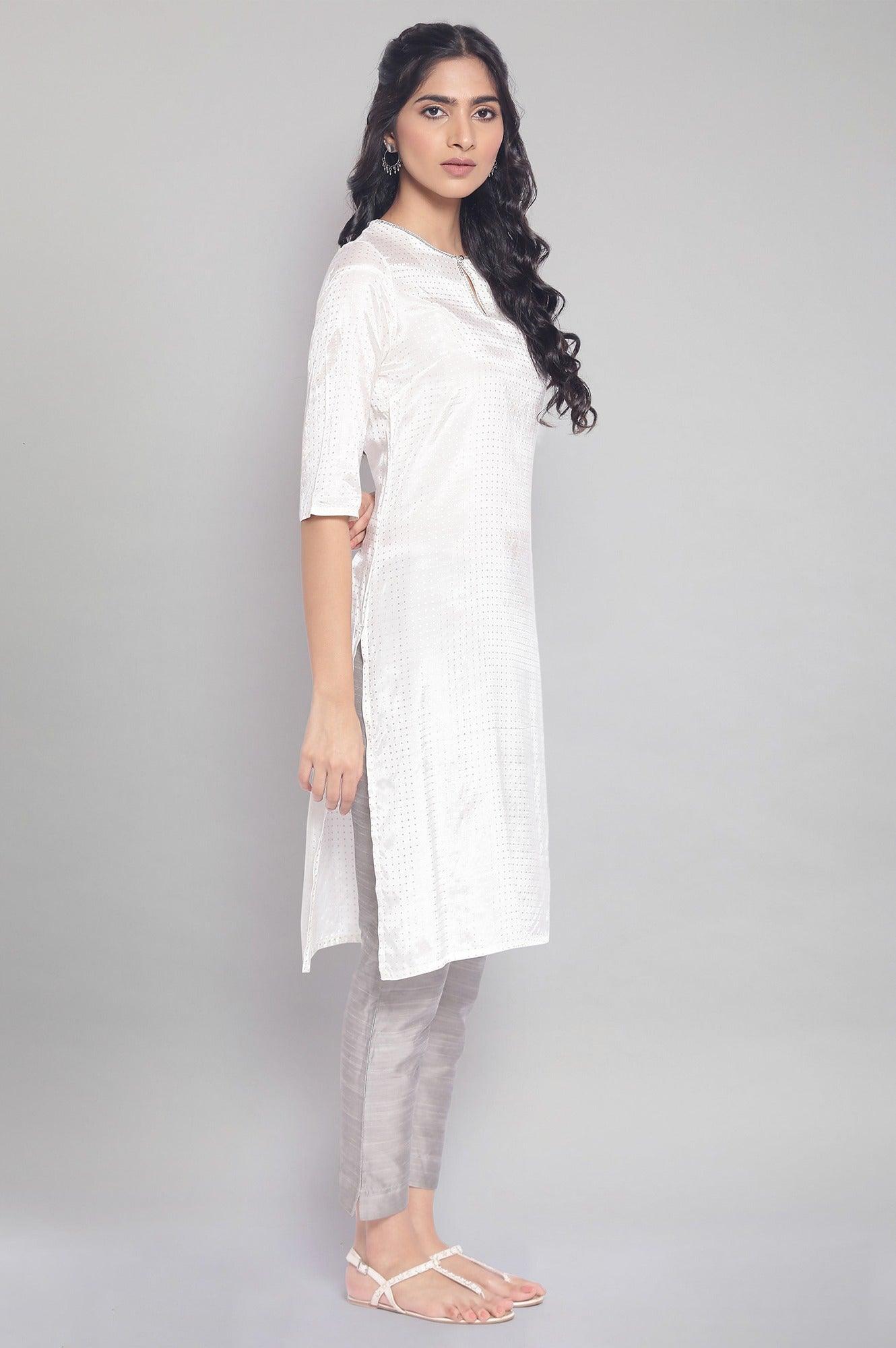 Ecru kurta with Silver Polka Print - wforwoman