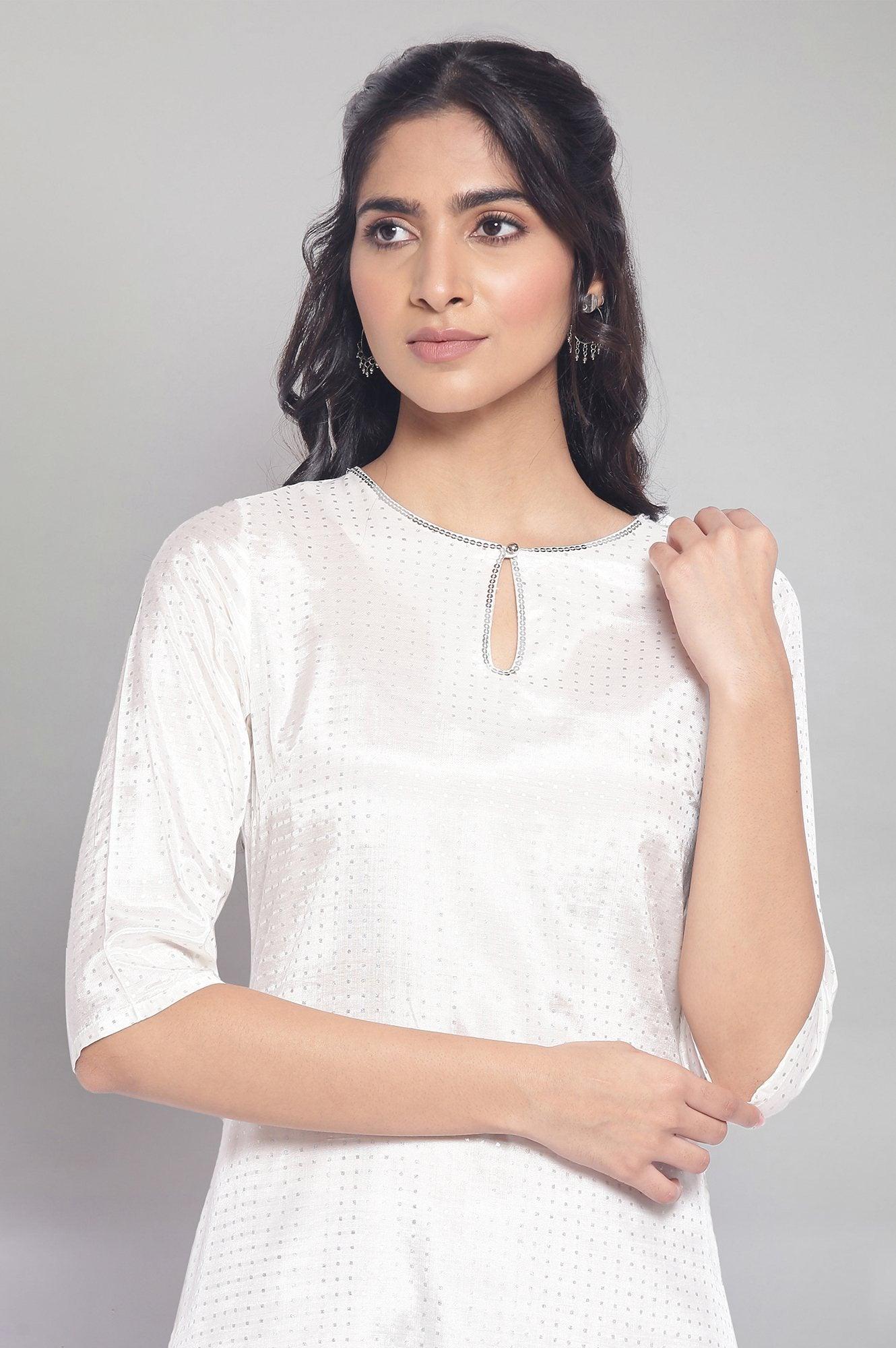 Ecru kurta with Silver Polka Print - wforwoman