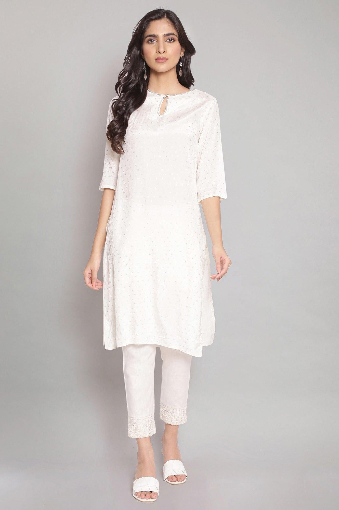 Ecru kurta with Silver Glitter Print - wforwoman