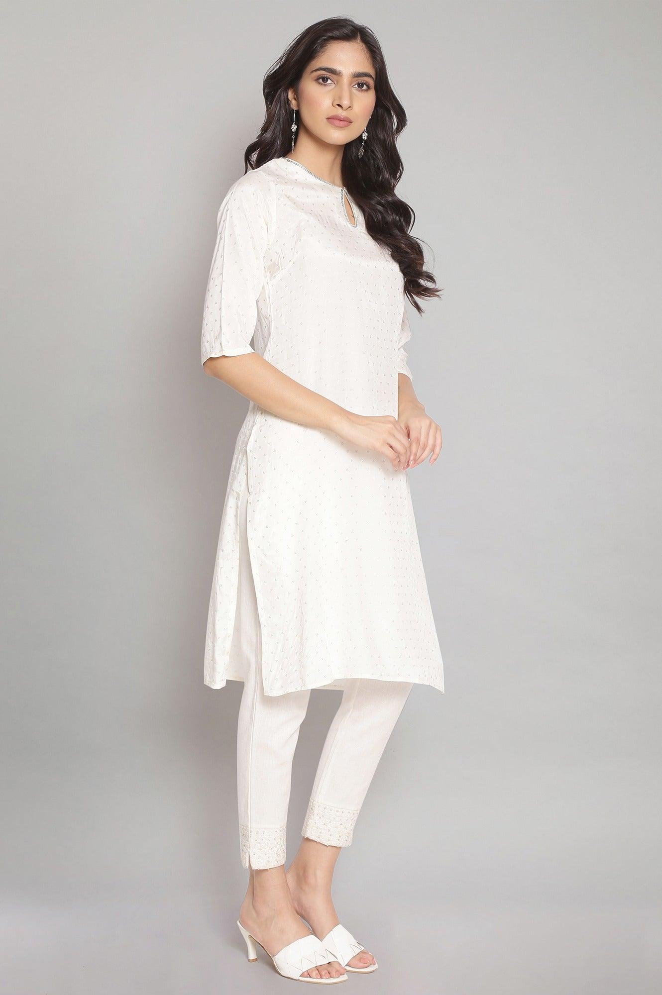 Ecru kurta with Silver Glitter Print - wforwoman