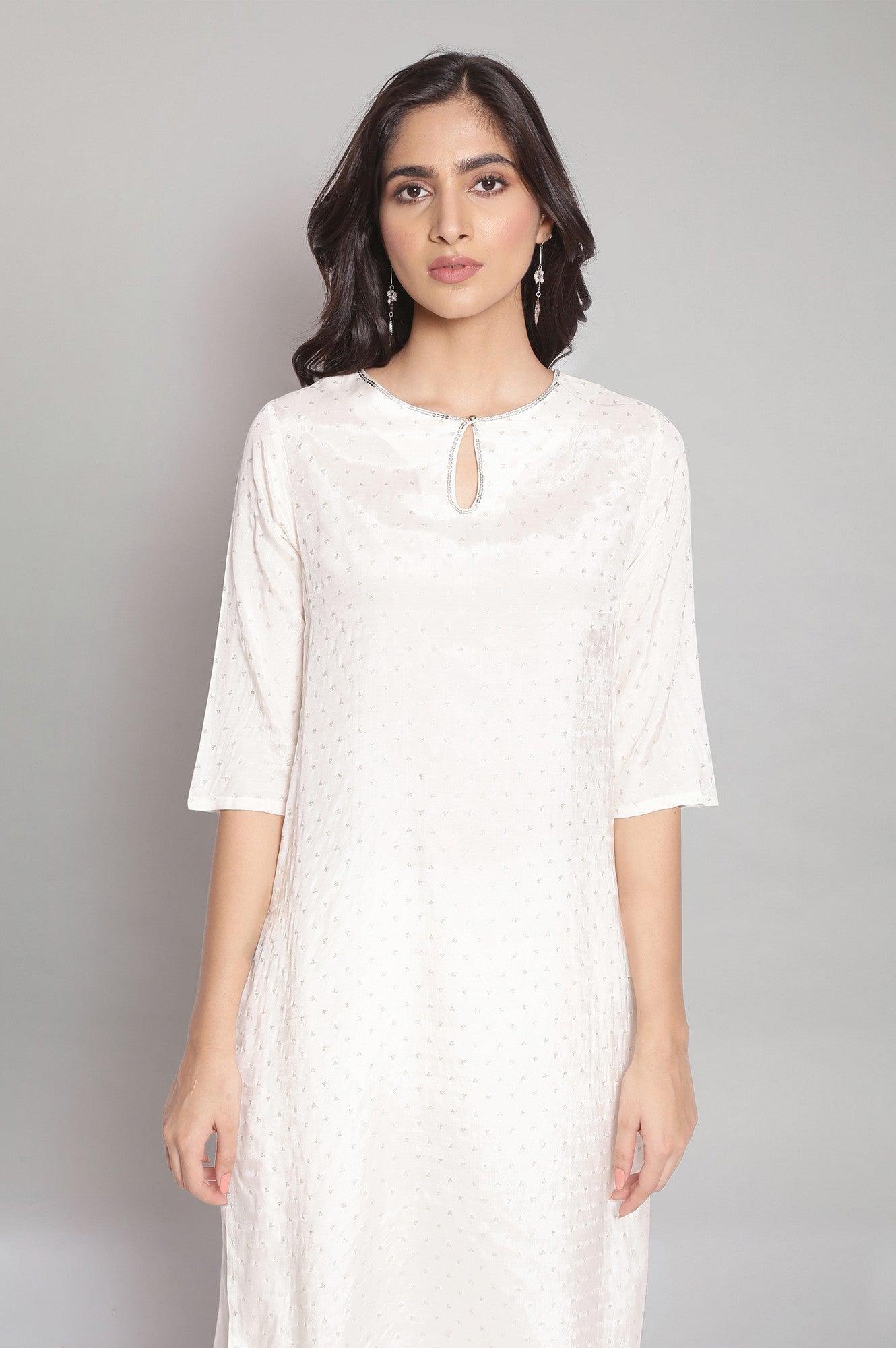 Ecru kurta with Silver Glitter Print - wforwoman