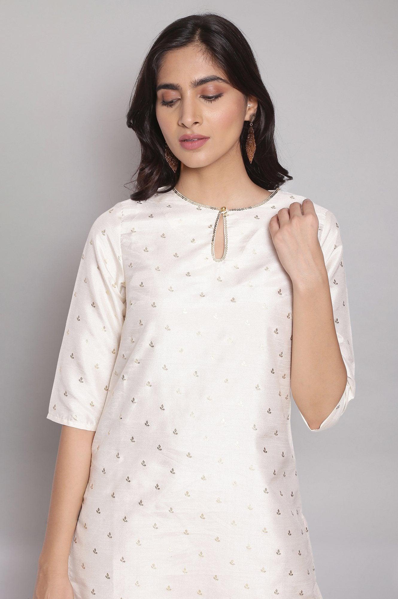 Ecru kurta with Gold Foil Print - wforwoman